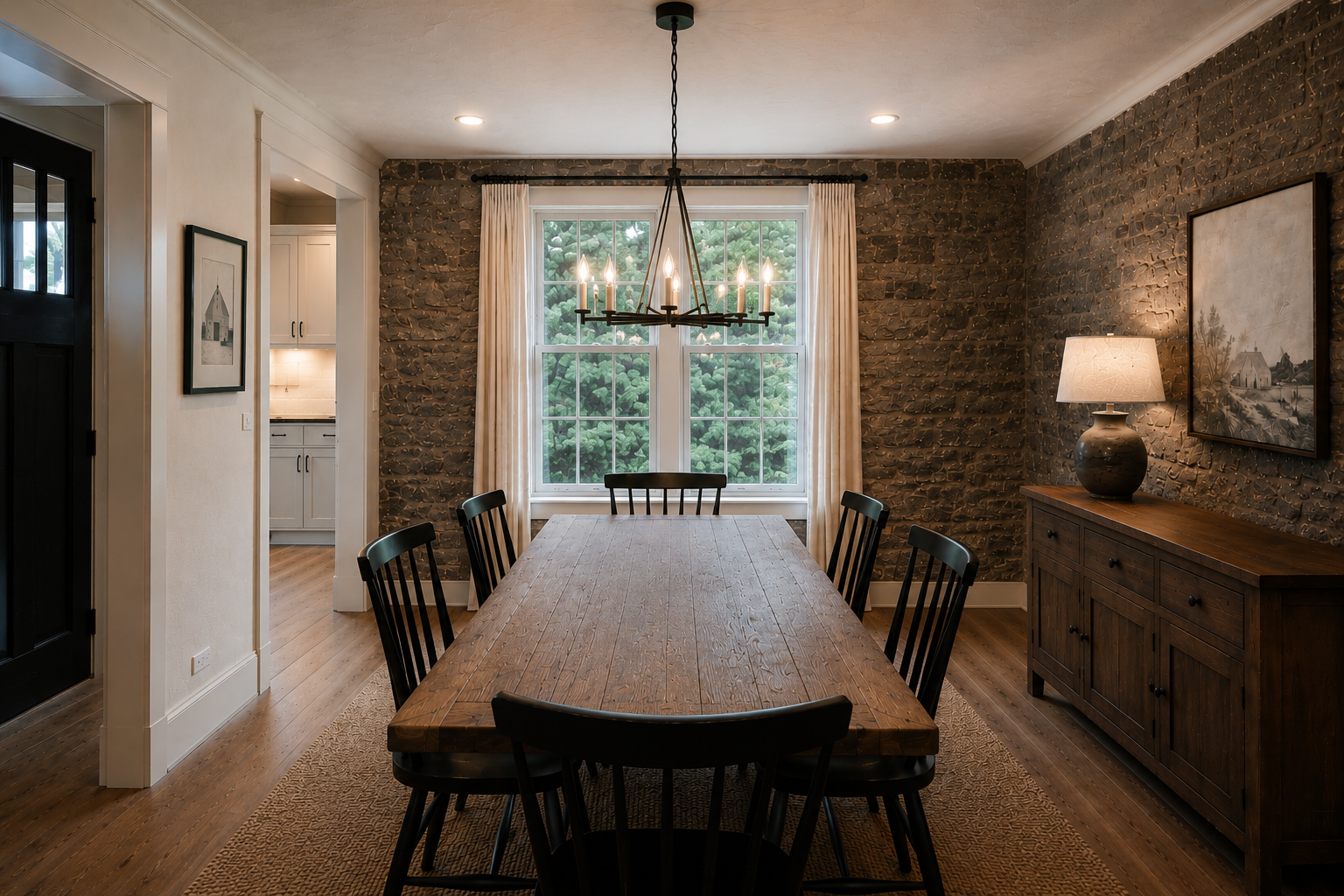 Dining room with granite stone wall, oak table and pendant lighting