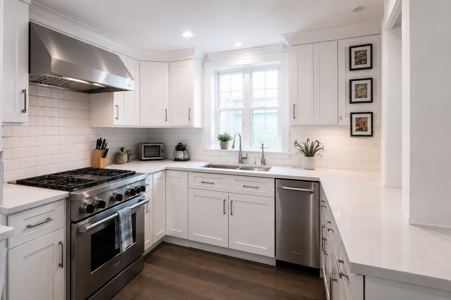 Renovated galley kitchen with white cabinetry and stainless appliances