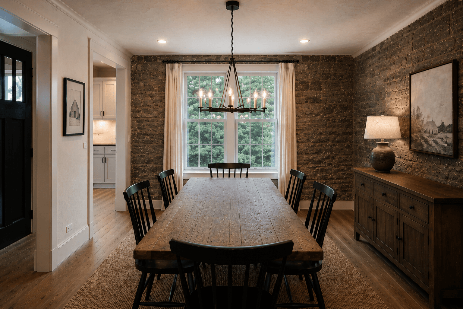 Dining room with granite stone wall, oak table and pendant lighting