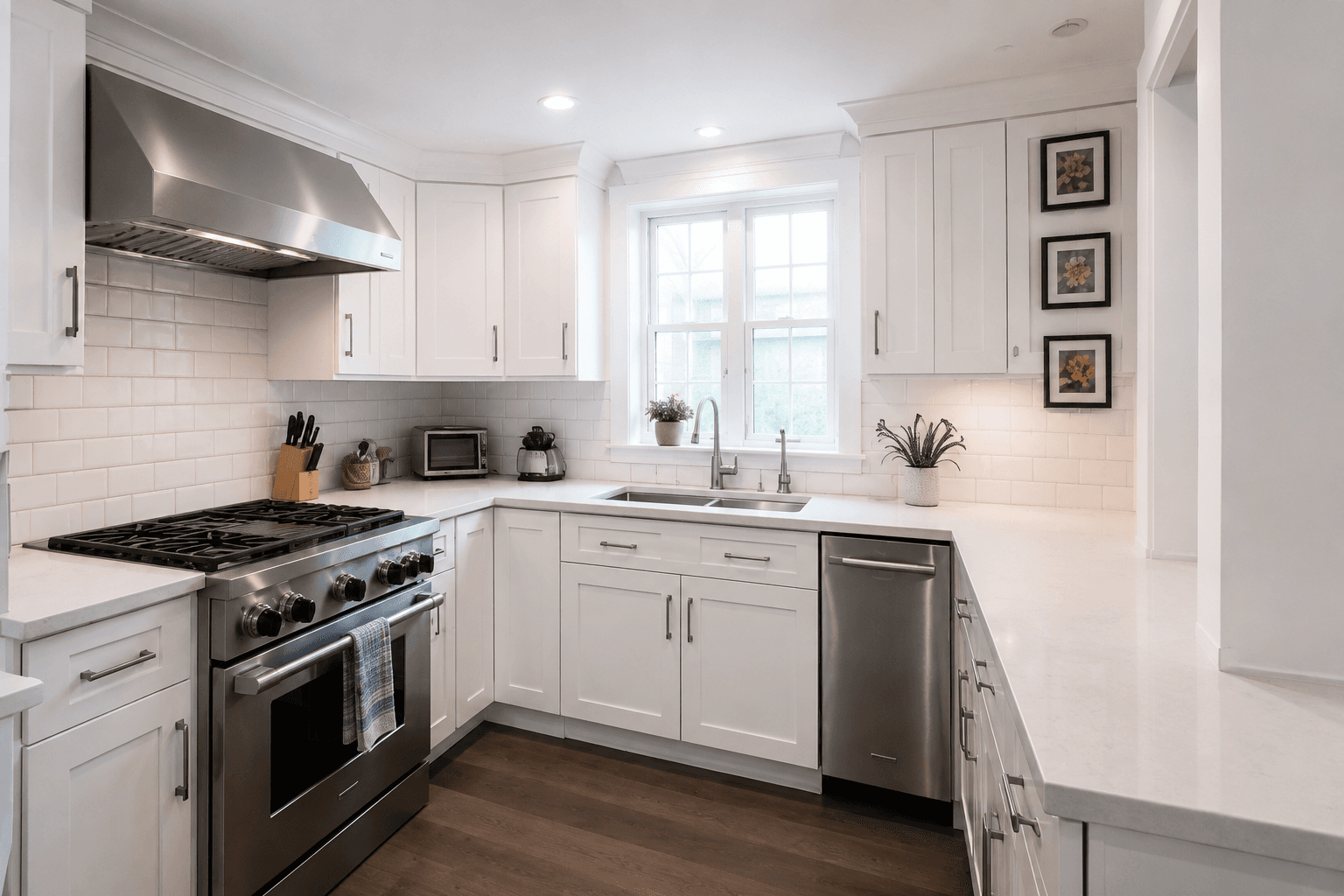 Renovated galley kitchen with white cabinetry and stainless appliances