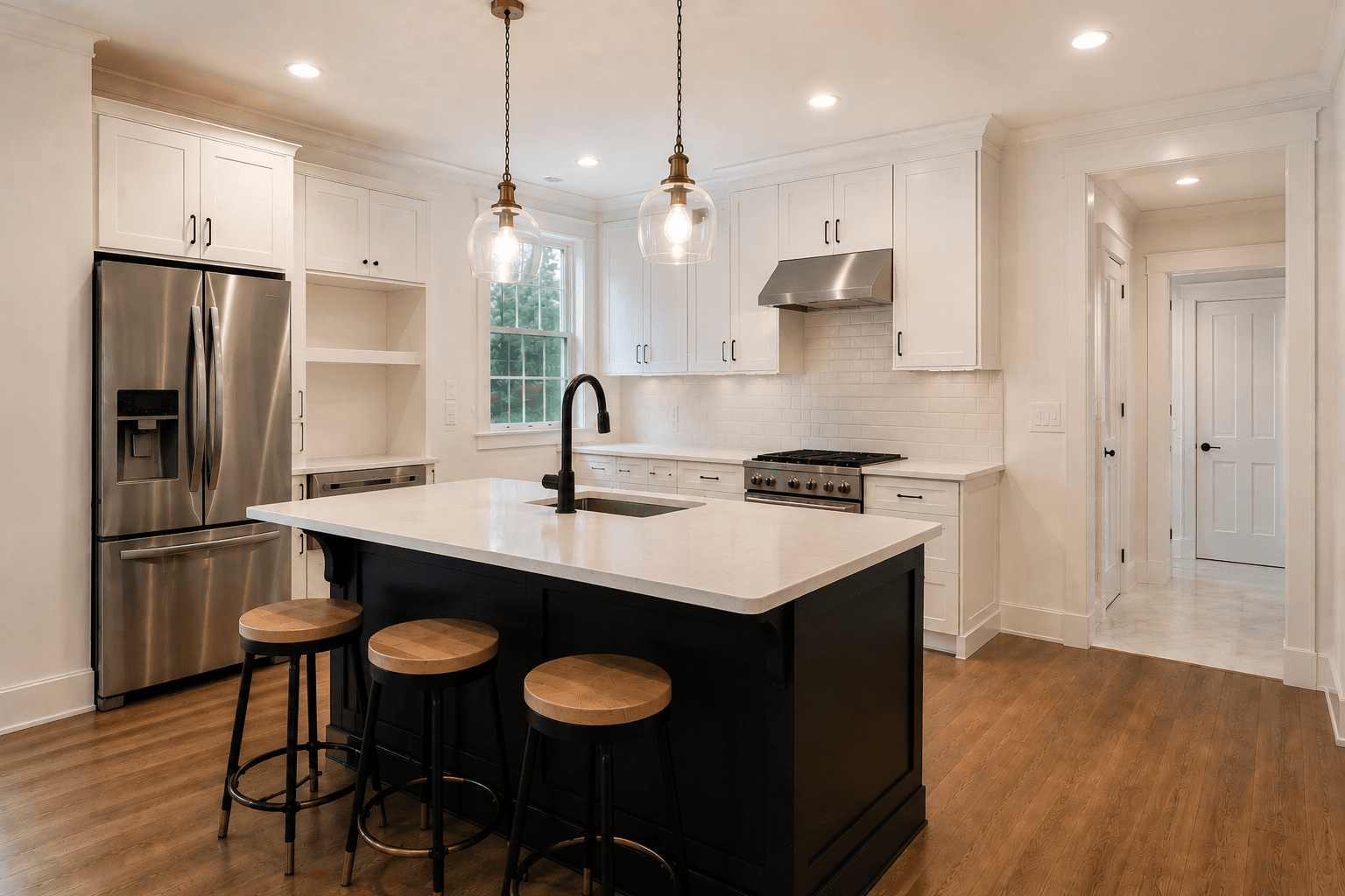 Open kitchen with black island, brass pendants and white cabinetry