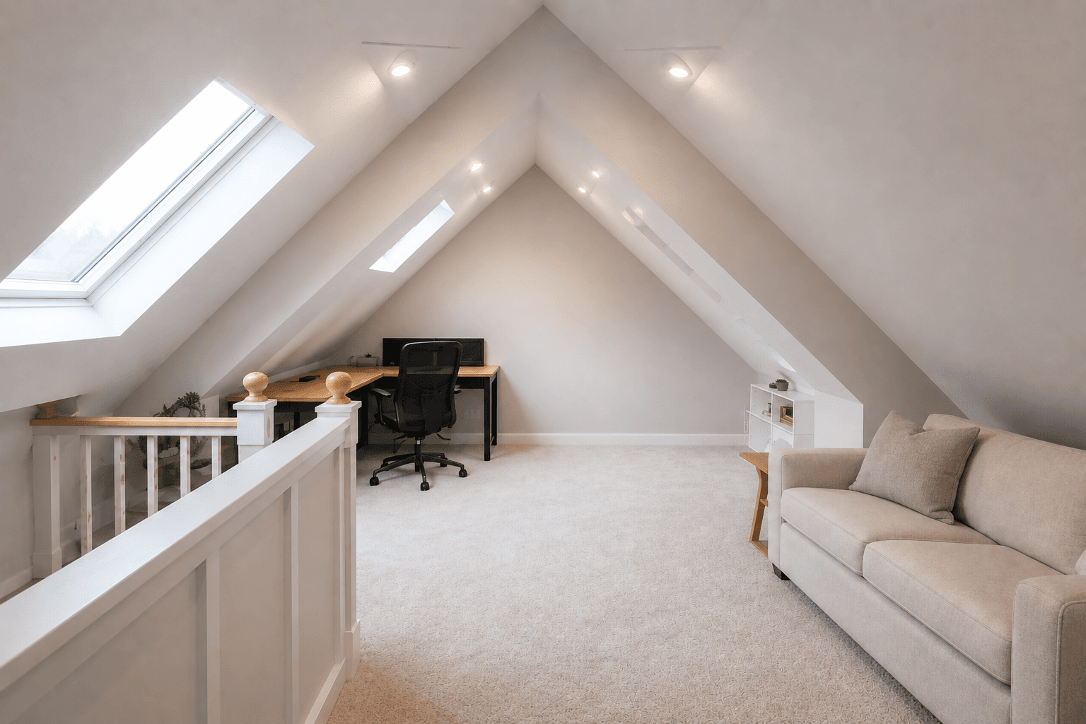 Converted loft space with skylights and pitched ceiling